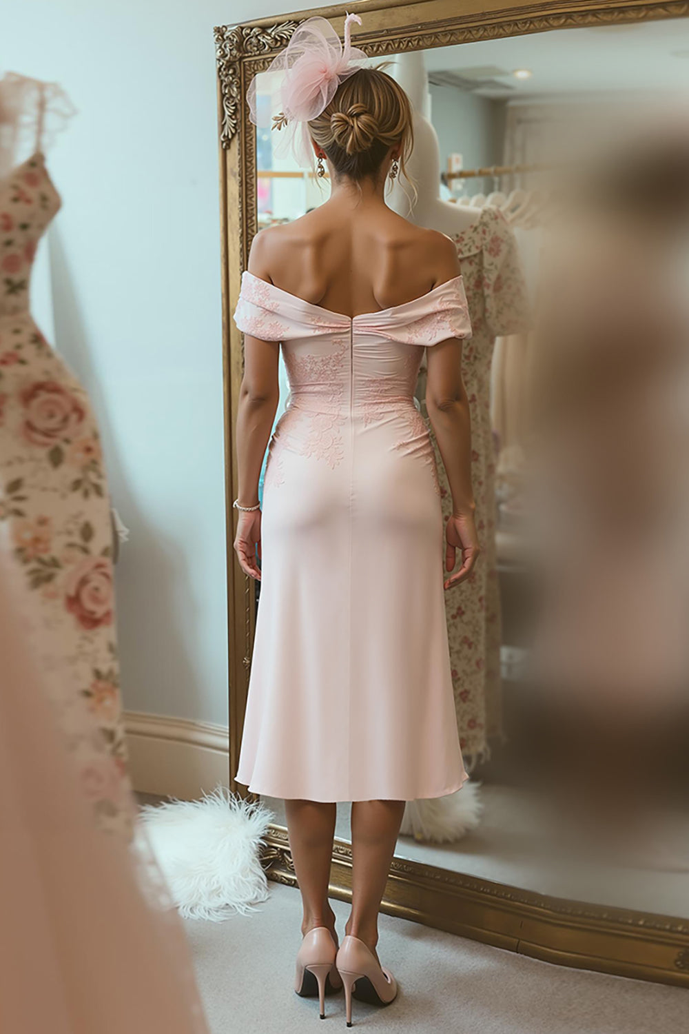 Off the Shoulder Ruched Blush Pink Mother of Bride Dress with Slit