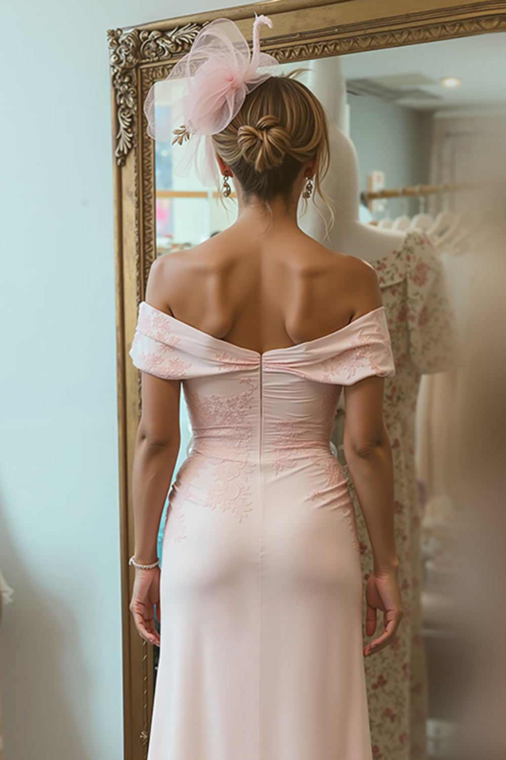 Off the Shoulder Ruched Blush Pink Mother of Bride Dress with Slit