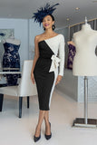 One Shoulder Ruched Black and White Mother of Bride Dress with Sash