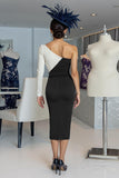 One Shoulder Ruched Black and White Mother of Bride Dress with Sash