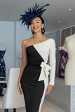 One Shoulder Ruched Black and White Mother of Bride Dress with Sash