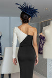 One Shoulder Ruched Black and White Mother of Bride Dress with Sash