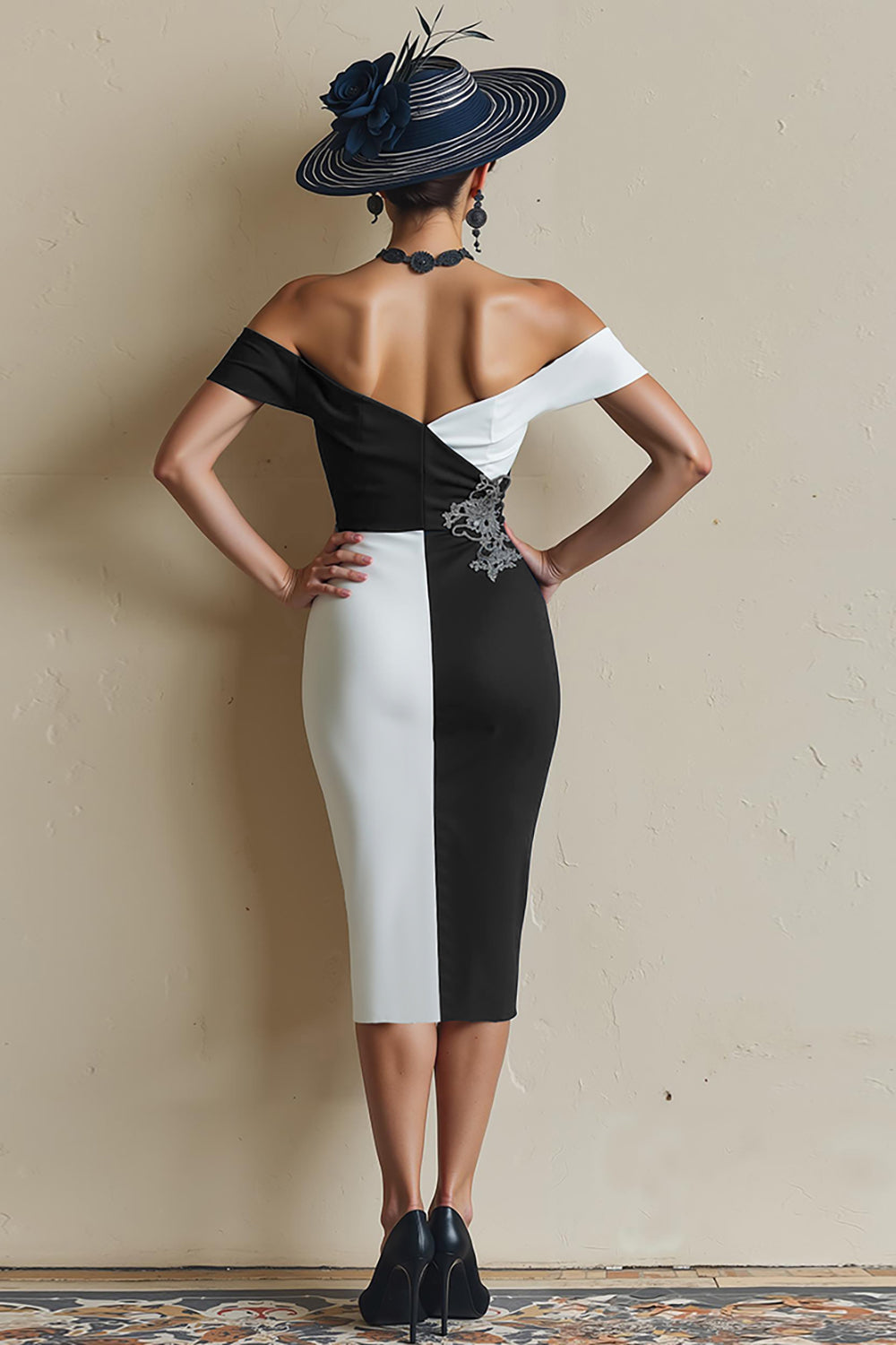 Black and White Off the Shoulder Bodycon Mother of Bride Dress