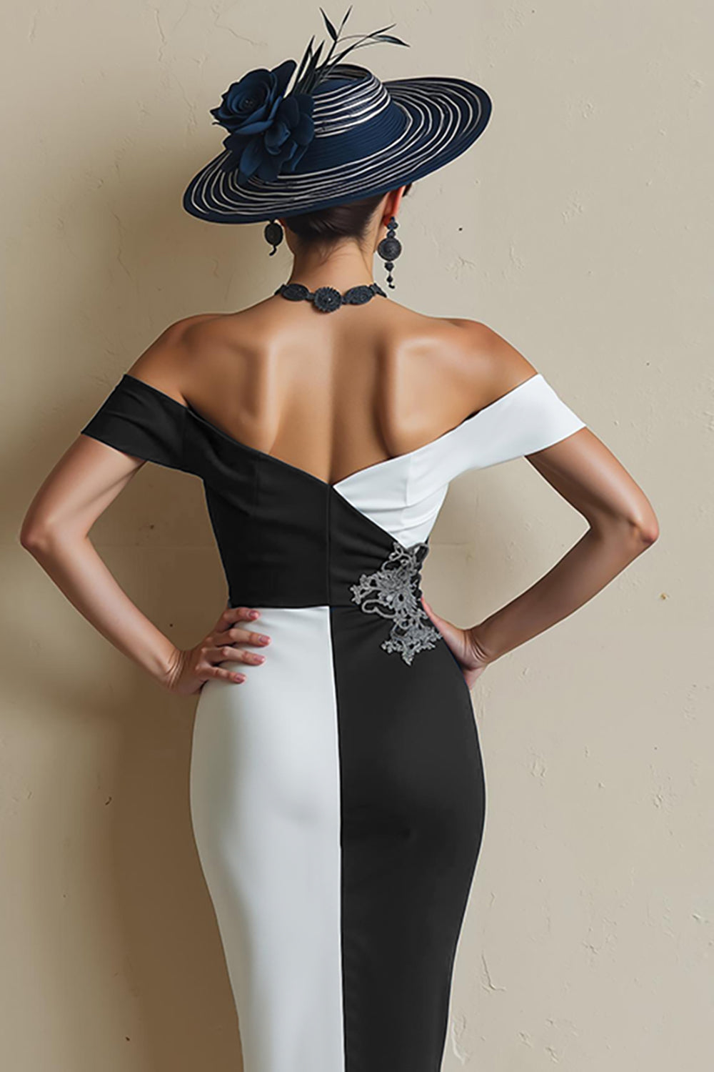 Black and White Off the Shoulder Bodycon Mother of Bride Dress