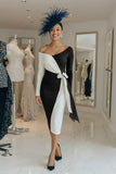Long Sleeve Ruched Black and White Mother of Bride Dress with Sash