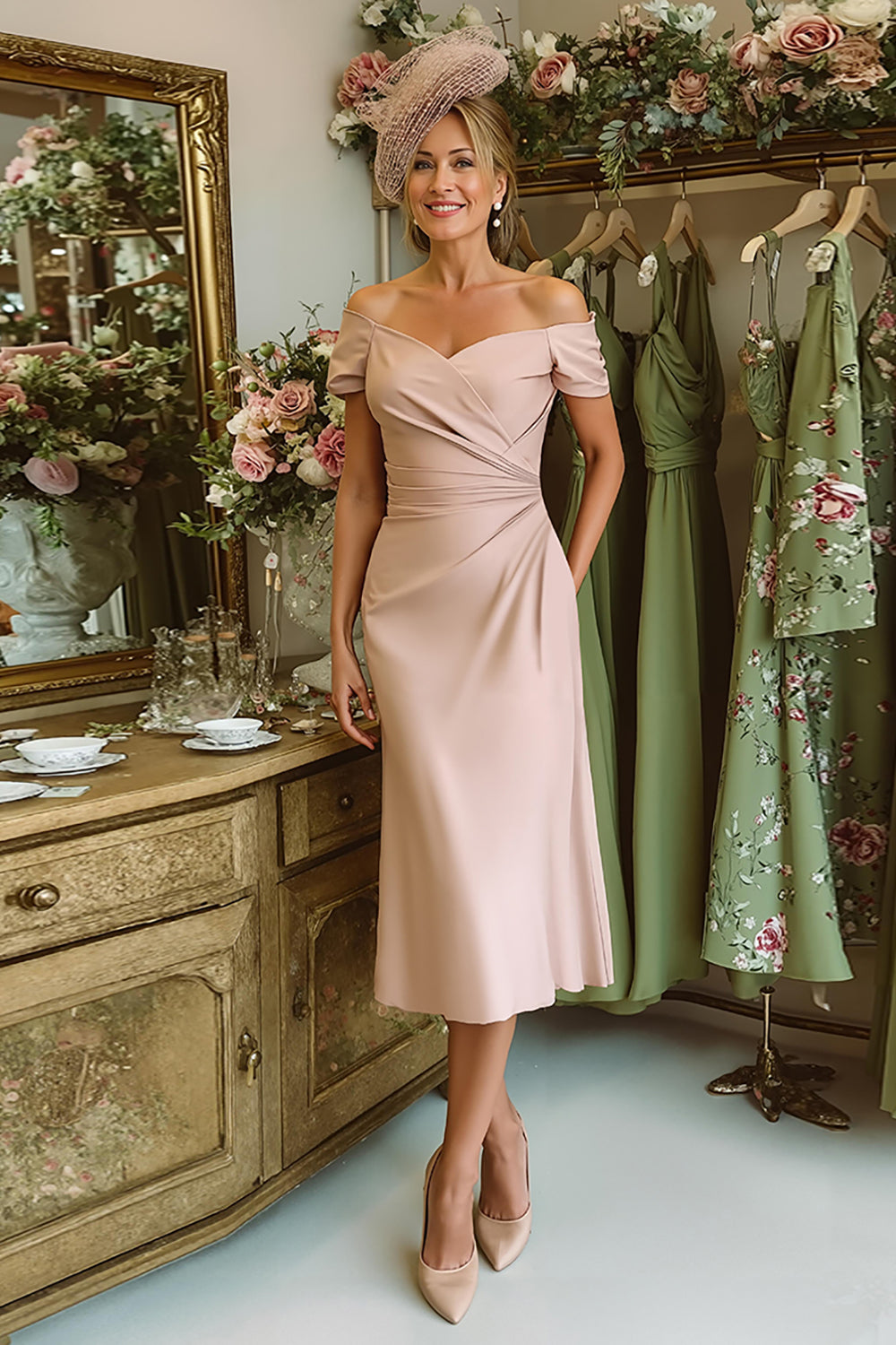 Dusty Rose Off the Shoulder A Line Mother of Bride Dress