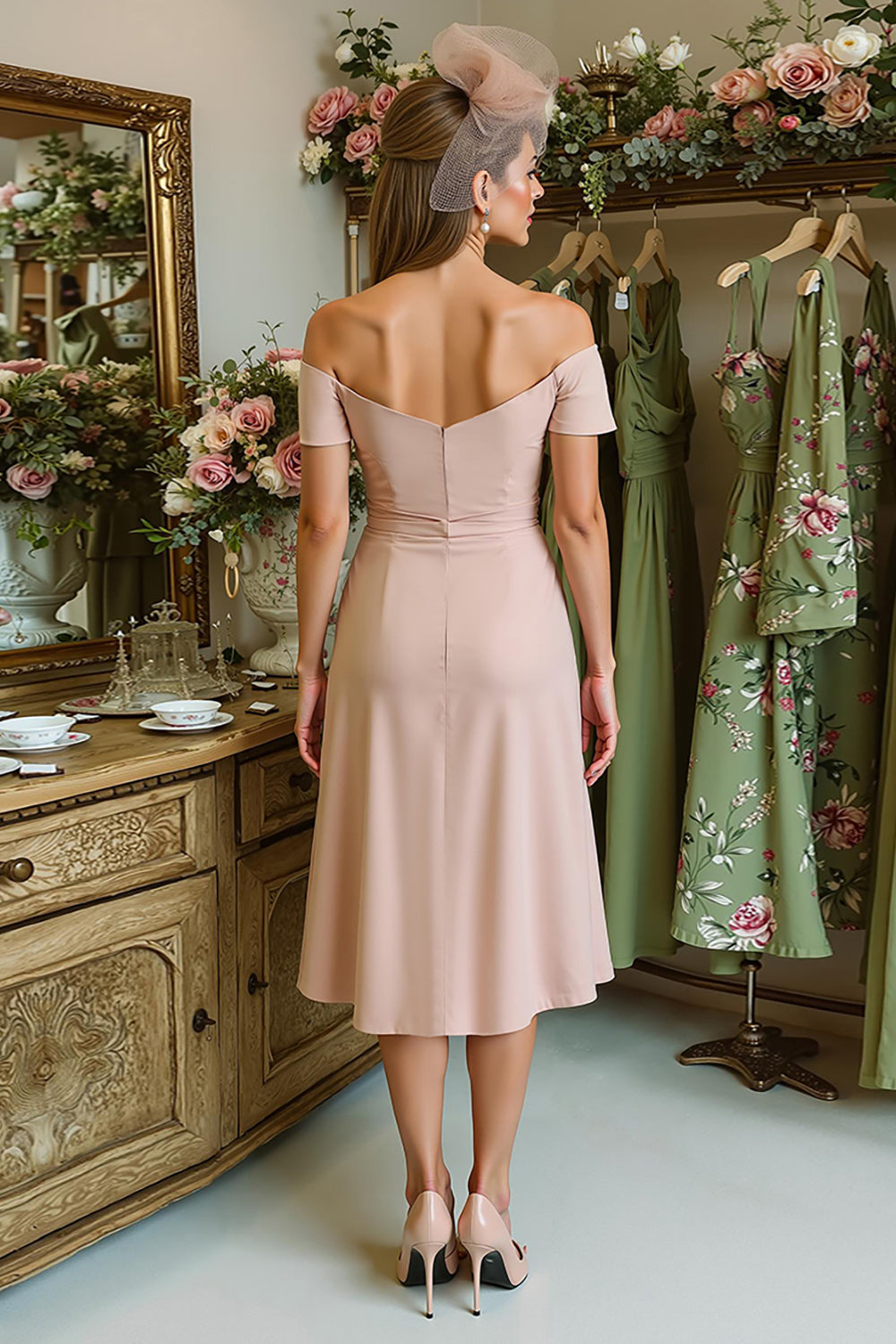 Dusty Rose Off the Shoulder A Line Mother of Bride Dress