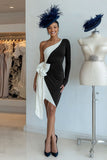 Long Sleeve Ruched Bowed Black and White Mother of Bride Dress