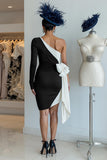 Long Sleeve Ruched Bowed Black and White Mother of Bride Dress