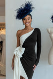 Long Sleeve Ruched Bowed Black and White Mother of Bride Dress