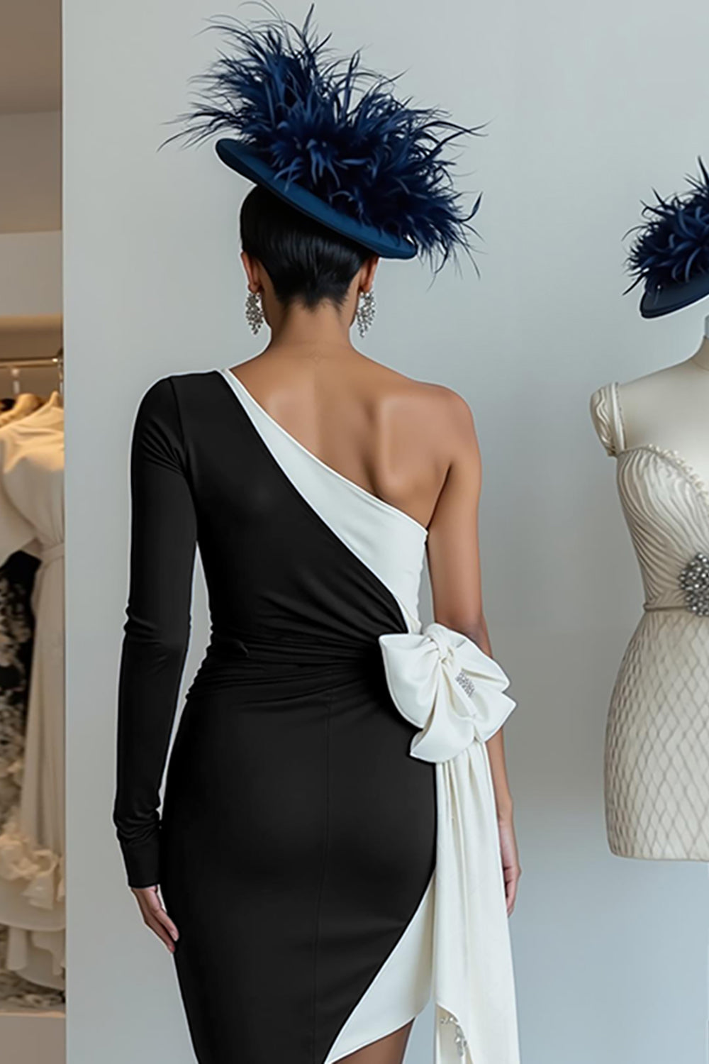 Long Sleeve Ruched Bowed Black and White Mother of Bride Dress