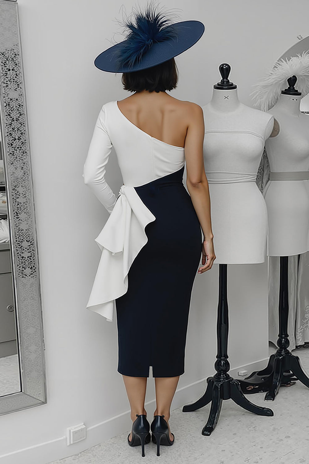 Black and White Long Sleeve Mother of Bride Dress with Ruffles