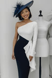 Black and White Long Sleeve Mother of Bride Dress with Ruffles