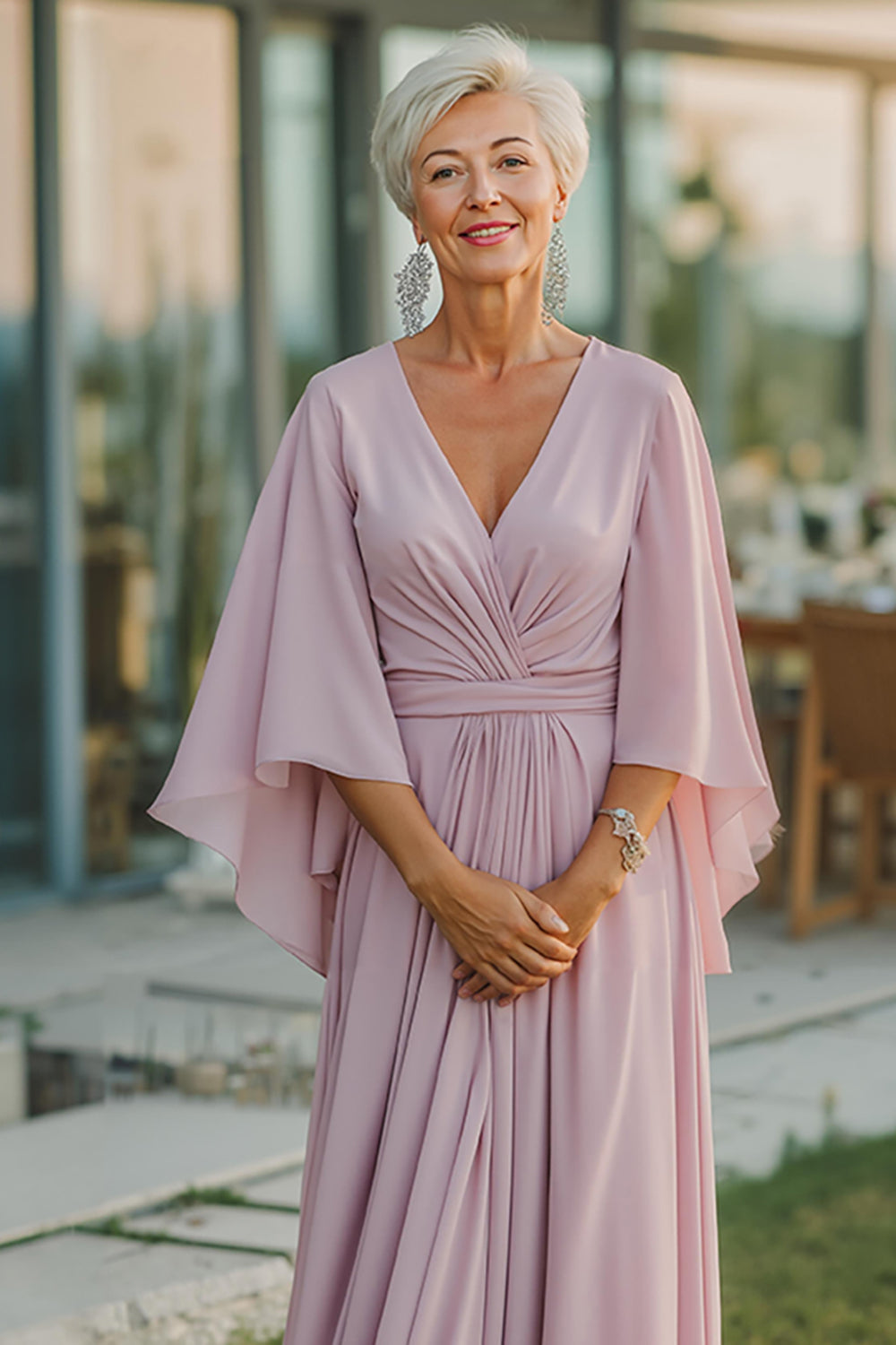 Dusty Rose A Line V Neck Ruched Mother of Bride Dress