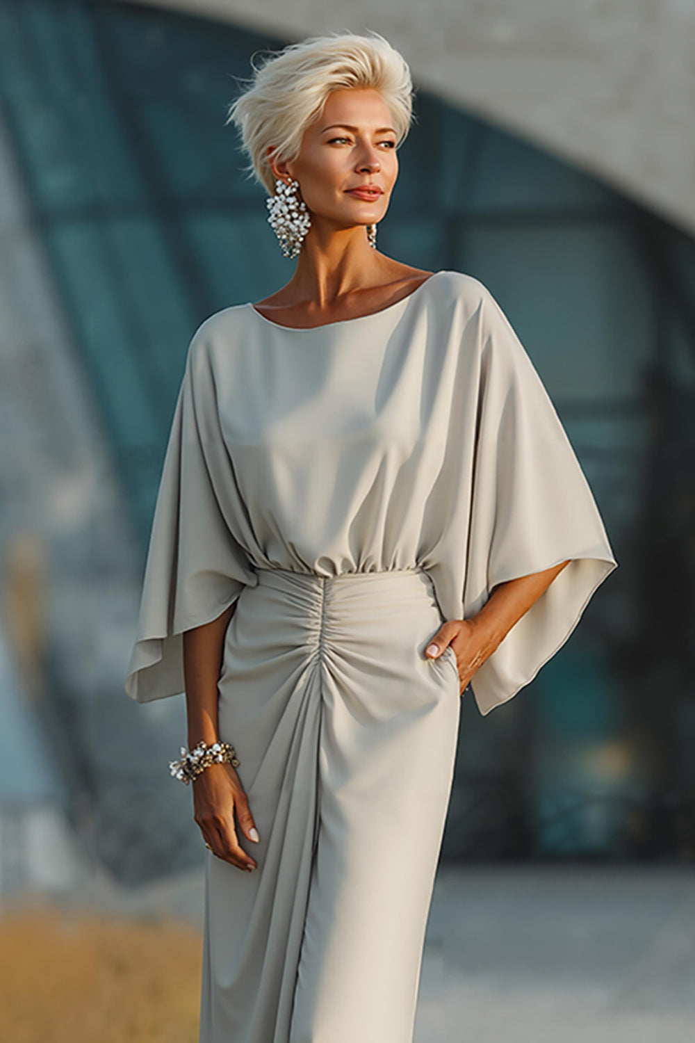 Silver 3/4 Sleeve Ruched Mother of Bride Dress