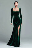 Velvet Long Sleeve Square Neck Dark Green Holiday Party Dress with Slit