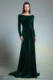 Long Sleeve Velvet Bateau Neck Dark Green Holiday Party Dress