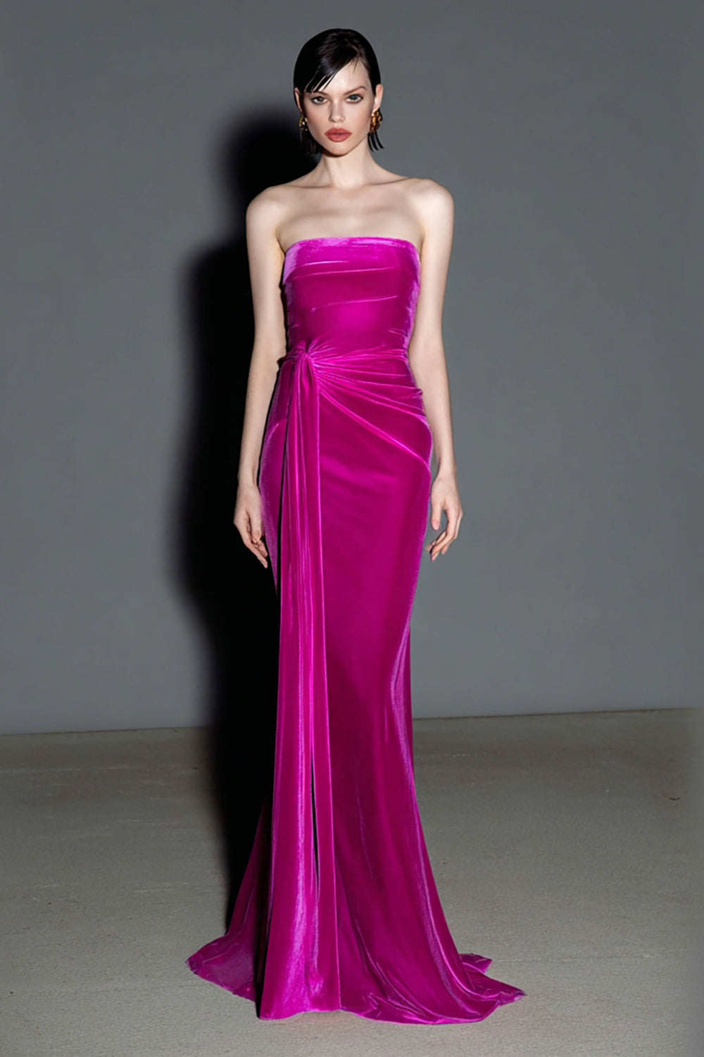 Strapless Velvet Mermaid Ruched Fuchsia Holiday Party Dress