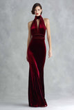 Burgundy Halter Velvet Ruched Holiday Party Dress