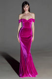 Off the Shoulder Mermaid Corset Velvet Fuchsia Holiday Party Dress