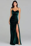Dark Green Sheath Velvet Holiday Party Dress with Slit