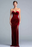 Sweetheart Velvet Ruched Burgundy Holiday Party Dress with Slit