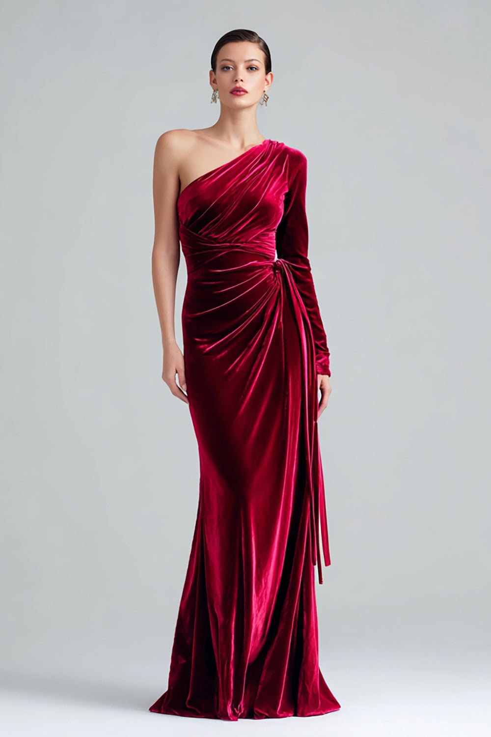 Velvet One Shoulder Burgundy Ruched Holiday Party Dress with Sash