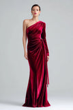 Velvet One Shoulder Burgundy Ruched Holiday Party Dress with Sash