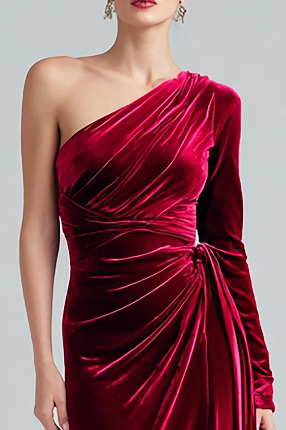 Velvet One Shoulder Burgundy Ruched Holiday Party Dress with Sash