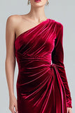 Velvet One Shoulder Burgundy Ruched Holiday Party Dress with Sash
