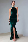 Dark Green Mermaid Velvet Halter Holiday Party Dress with Ruffles