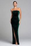 Strapless Velvet Dark Green Ruched Holiday Party Dress with Slit