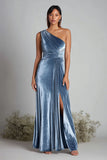 One Shoulder Velvet Ruched Dusty Bule Holiday Party Dress with Slit