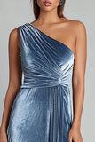 One Shoulder Velvet Ruched Dusty Bule Holiday Party Dress with Slit