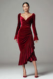 Velvet Mermaid Long Sleeve Burgundy Ruffled Midi Holiday Party Dress