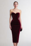 Strapless Velvet Corset Burgundy Midi Holiday Party Dress