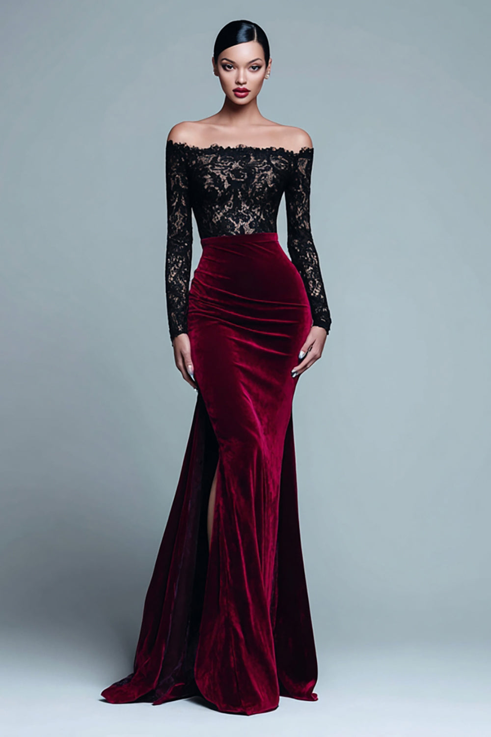 Black and Burgundy Velvet Mermaid Long Sleeve Lace Formal Dress