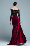 Black and Burgundy Velvet Mermaid Long Sleeve Lace Formal Dress