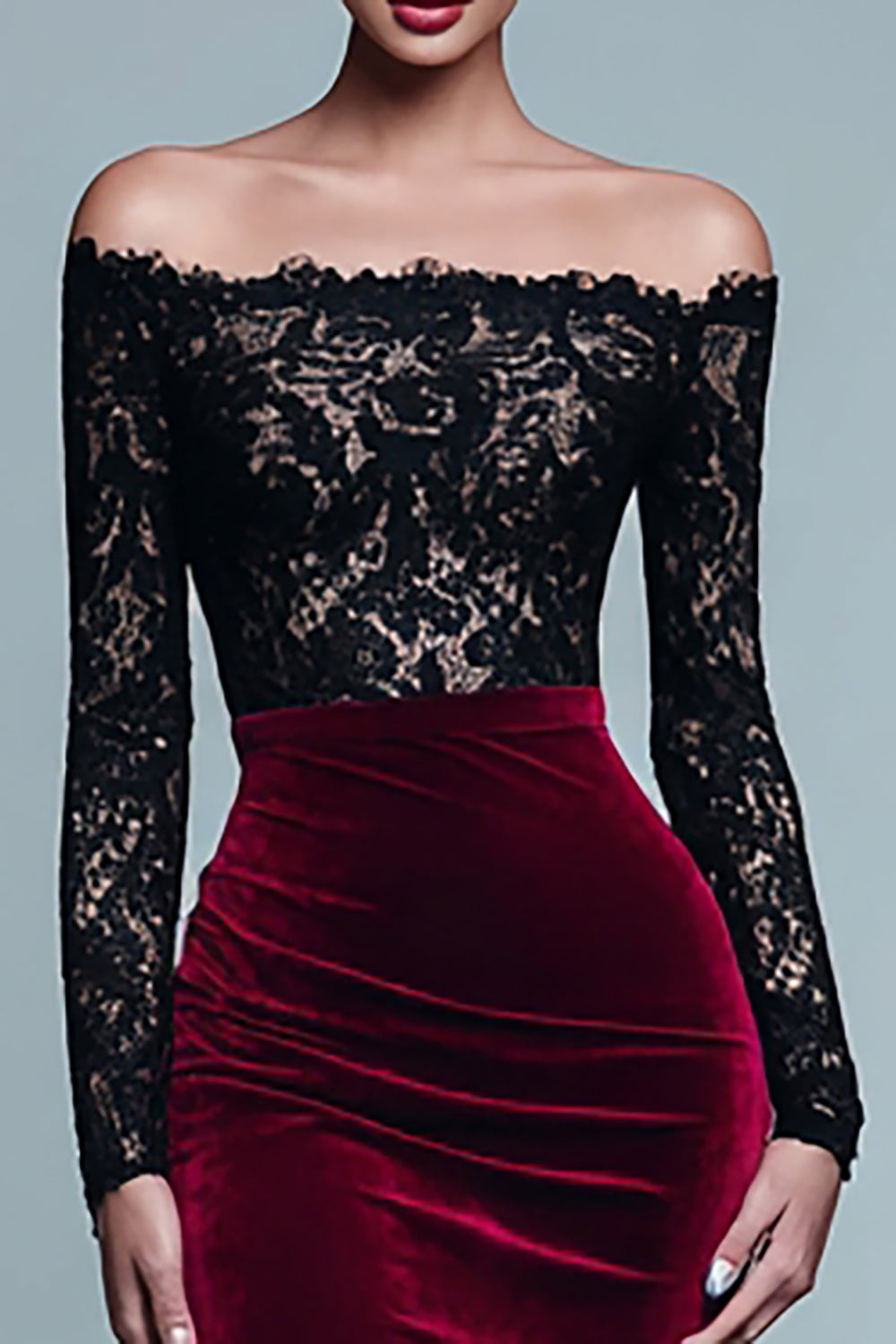 Black and Burgundy Velvet Mermaid Long Sleeve Lace Formal Dress