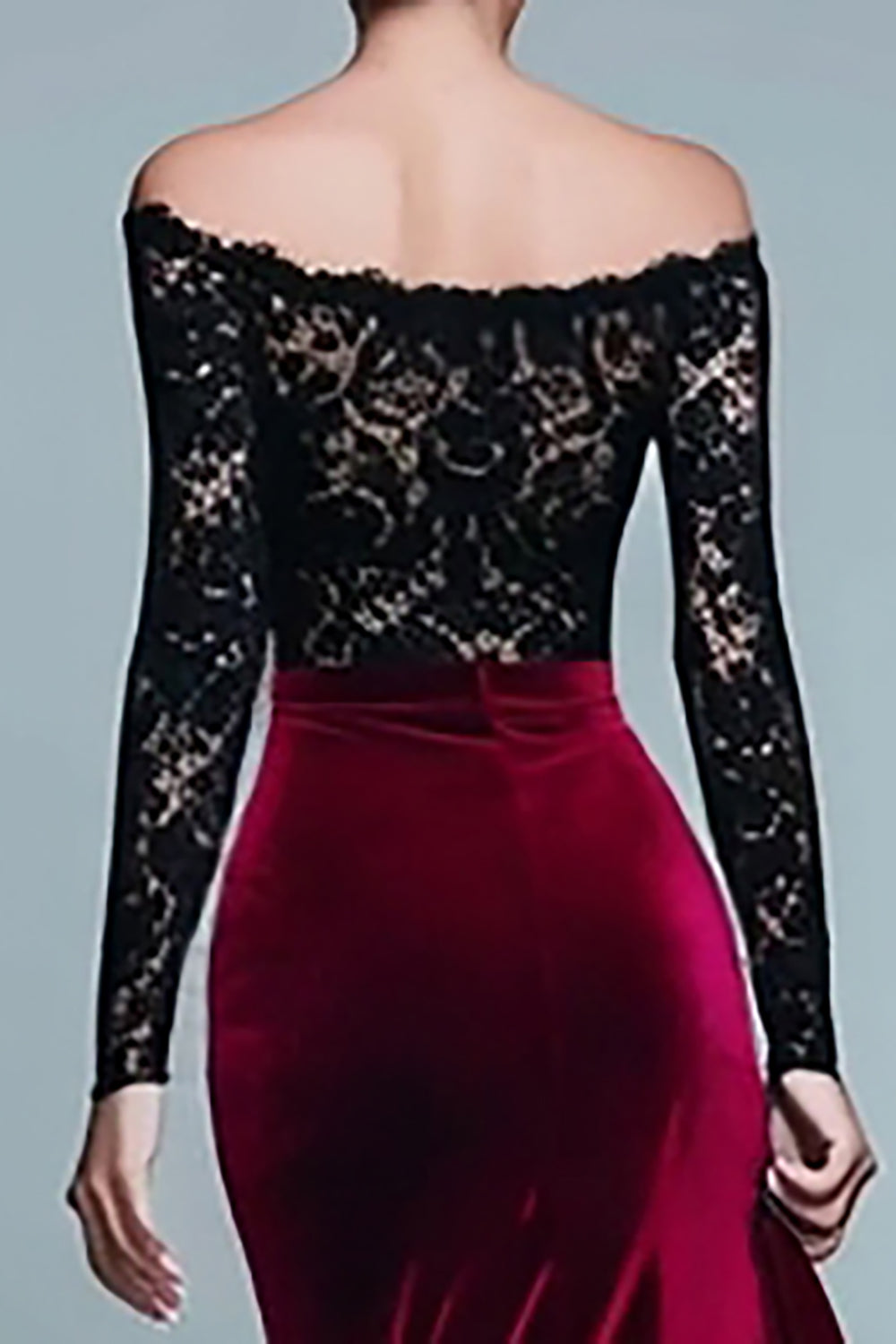Black and Burgundy Velvet Mermaid Long Sleeve Lace Formal Dress
