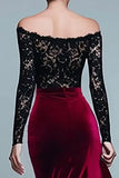Black and Burgundy Velvet Mermaid Long Sleeve Lace Formal Dress