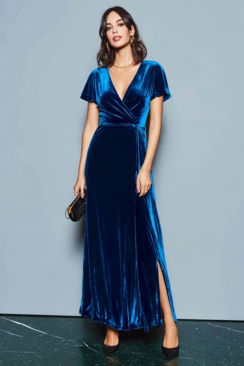 Dark Blue V Neck Velvet A Line Formal Dress