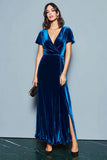 Dark Blue V Neck Velvet A Line Formal Dress