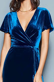 Dark Blue V Neck Velvet A Line Formal Dress