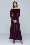 Plum Off The Shoulder Velvet A Line Formal Dress