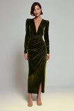 Olive Velvet V Neck Bodycon Midi Formal Dress