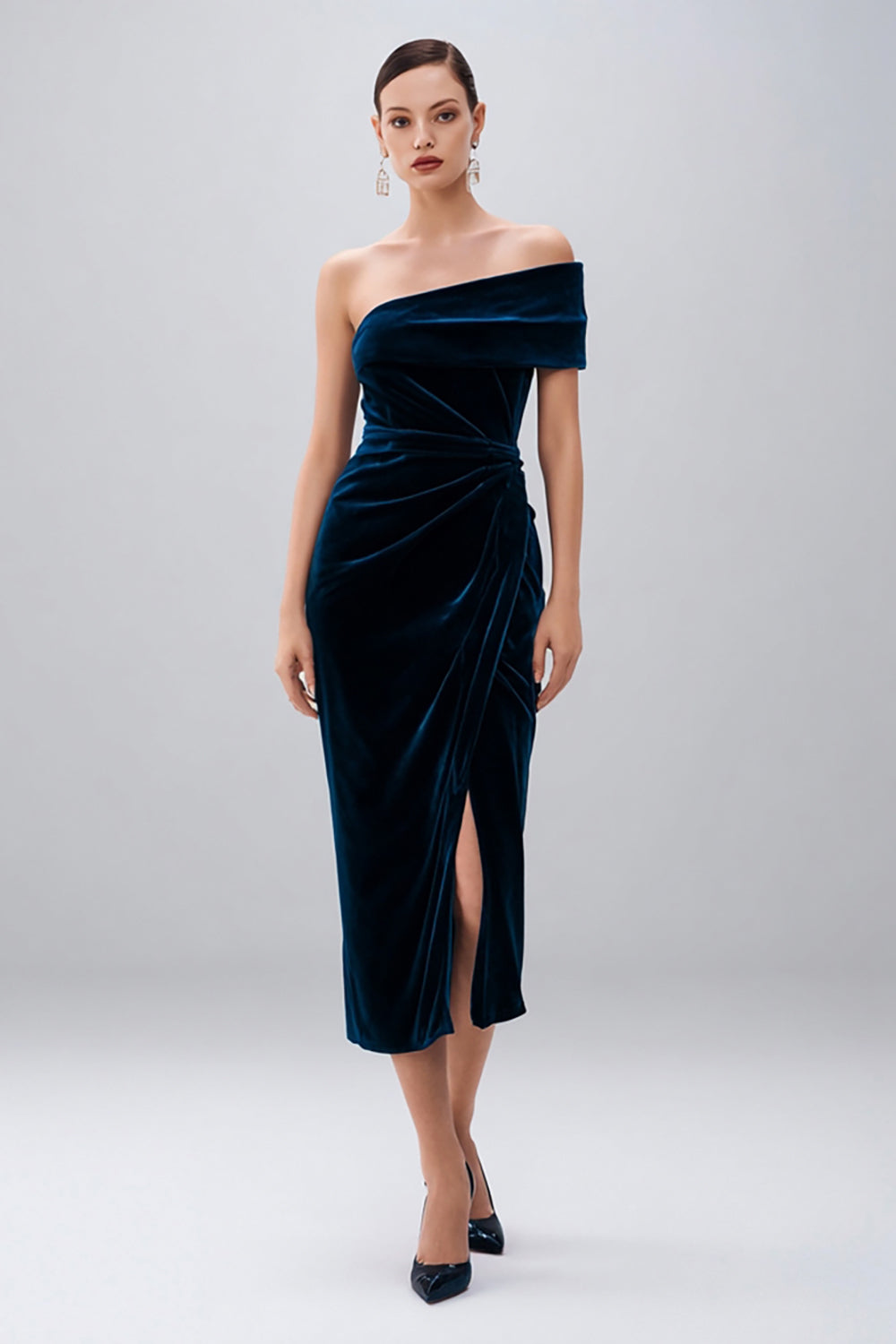 One Shoulder Navy Velvet Bodycon Formal Dress