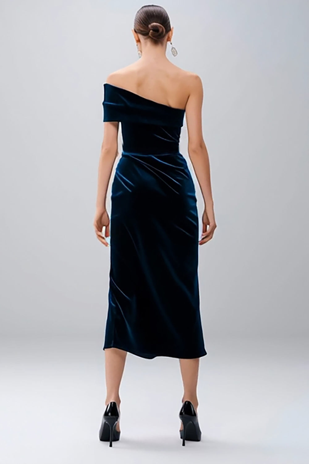 One Shoulder Navy Velvet Bodycon Formal Dress