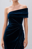One Shoulder Navy Velvet Bodycon Formal Dress