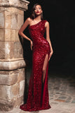 Sparkly One Shoulder Sheath Burgundy Evening Dress